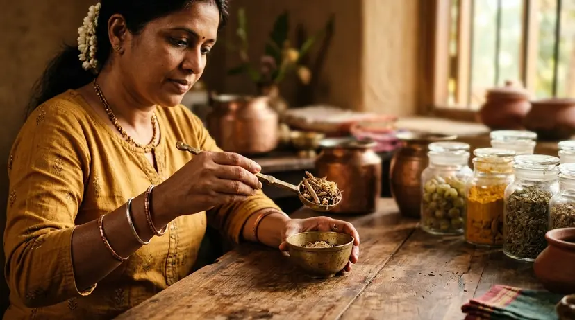 Ayurvedic practitioner measuring dried herbs for a formulation